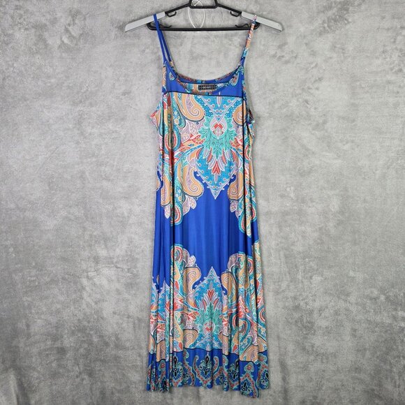 Womens Ice Silk Blue Paisley Boho Maxi Dress Sleeveless Polyester Stretch 1XL - Picture 2 of 11